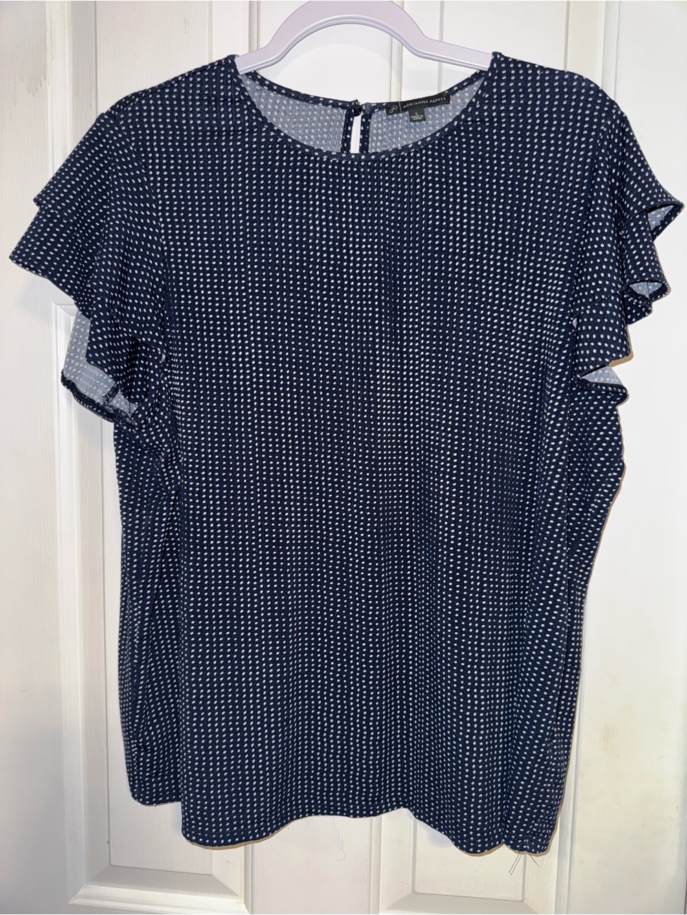 Adrianna Papell Navy Blue Dot Round Neck Blouse, ruffled sleeves. Size Large.
